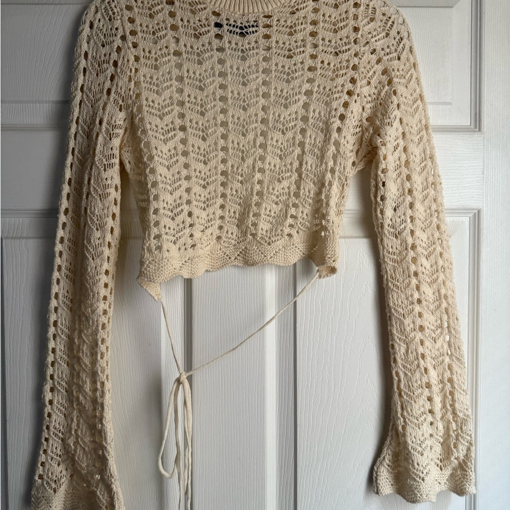 Nastygal Cream Crochet Long Sleeve Backless Top